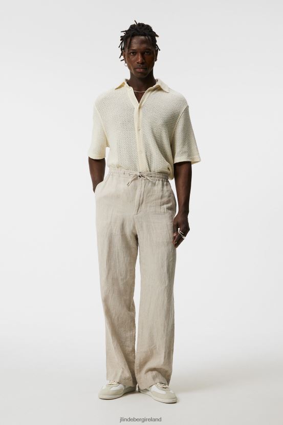 J.Lindeberg Men Noah Wide Linen Pants Cloud White Clothing BXV8X41127