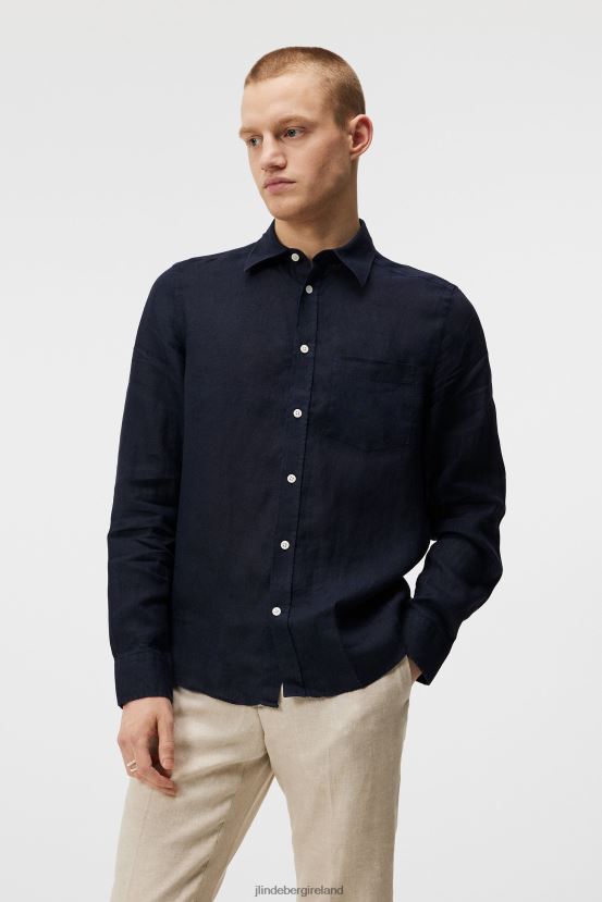 J.Lindeberg Men Clean Linen Slim Shirt Navy Clothing BXV8X41187 - Click Image to Close