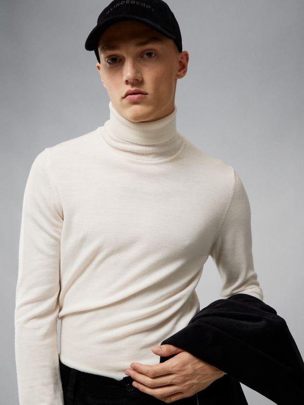 J.Lindeberg Men Lyd Merino Turtleneck Sweater Cloud White Clothing BXV8X42317