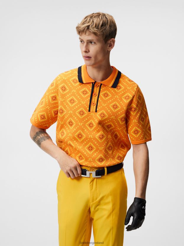 J.Lindeberg Men Cane Knitted Shirt Orange Diamond Logo Clothing BXV8X4599 - Click Image to Close