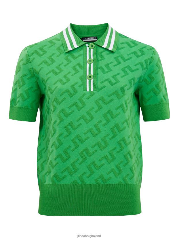 J.Lindeberg Women Arya Knitted Polo Green Jacquard Bridge Monogram Clothing BXV8X42826