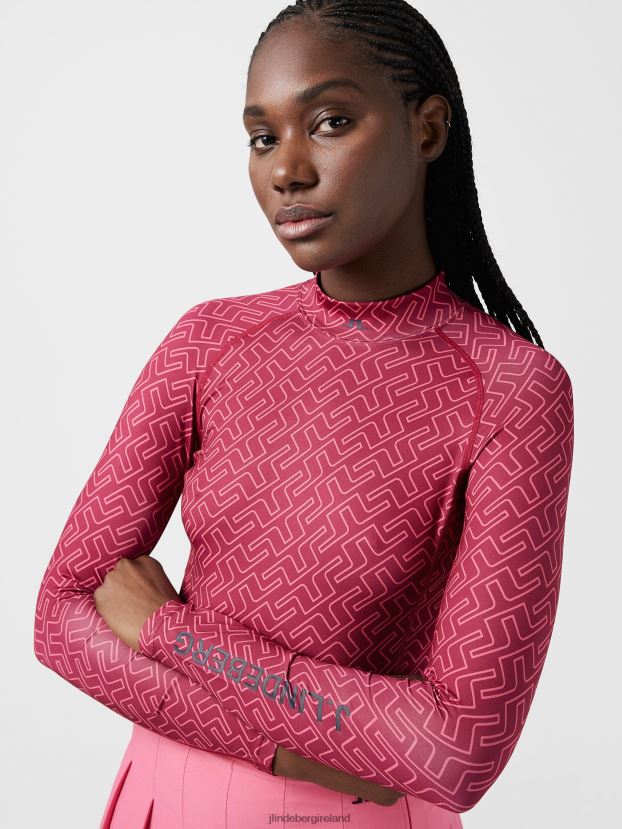 J.Lindeberg Women Asa Print Compression Top Hot Pink Bridge Monogram Clothing BXV8X42629